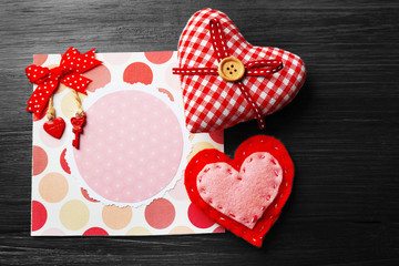 St Valentines card and decor on wooden background
