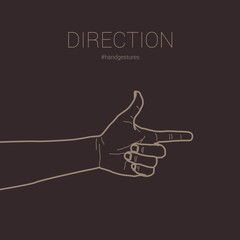 Hand gesture pointing direction on the right. Isolated vector line illustration. Hand pointing something with space in blank for insert text or design.