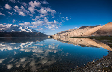 Stunning landscape reflection of Karakul lake in Xinjiang, China.