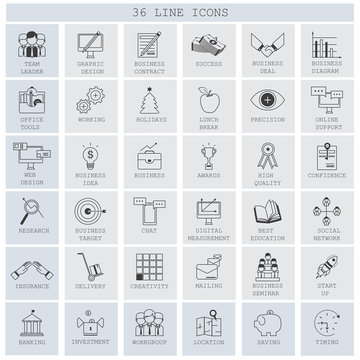 Thin Line Icons Set - Isolated On Background - Vector Illustration, Graphic Design. Collection Of: Investment, Seminar, Creativity, Target, Social Network, Delivery, Startup, Location Icons