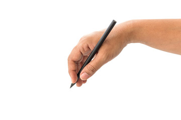 Close up hand of woman holding black pencil isolated on white