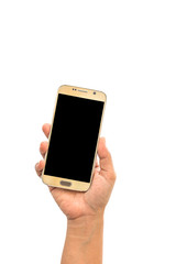 Close up hand of woman holding smartphone isolated on white
