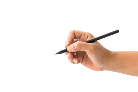 Close up hand of woman holding black pencil isolated on white