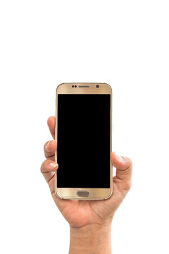 Close up hand of woman holding smartphone isolated on white