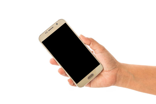 Close up hand of woman holding smartphone isolated on white