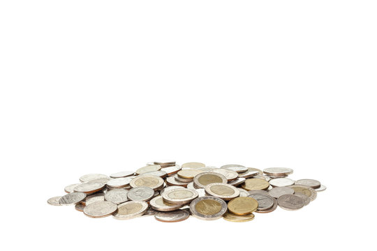 Close up pile of Thai money isolated on white