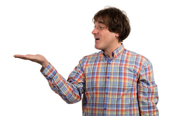 Man holding something over white background