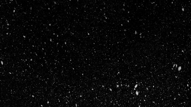 Falling down in slow motion real snowflakes from left to right, calm snow, shot on black background, matte, wide angle, seamless looped animation, isolated, perfect for digital composition
