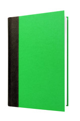 Green hardcover book one single black spine front cover upright vertical hardback textbook isolated on white background photo