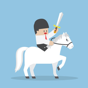 Businessman riding white horse and holding sword