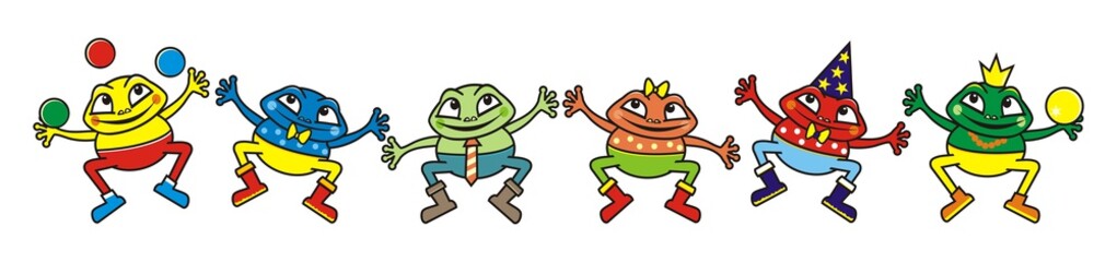 crazy frogs, six animals, humorous vector illustration