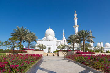 Fototapeta na wymiar The beautiful Grand Mosque in Abu Dhabi in a sunny day at the United Arab Emirates