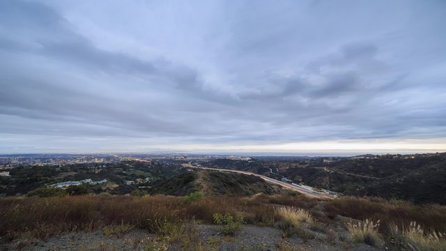 4K timelapse of Los Angeles downtown and Getty Museum, from sunset to twilight, California