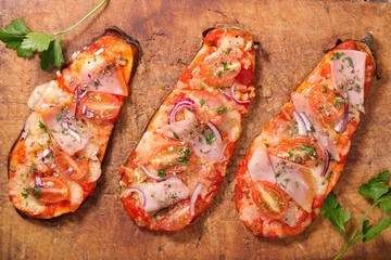 baked eggplant with tomato sauce and ham