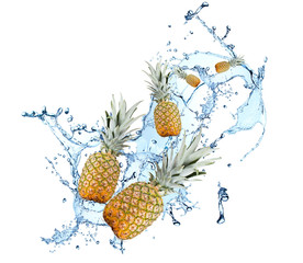 Water splash with fruits isolated on white backgroud. Fresh pineapple