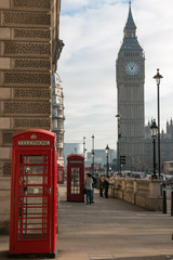 Fototapeta na wymiar Red phone box with Big Ben behind