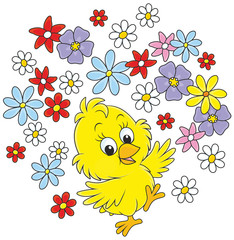little yellow chick dancing with flowers