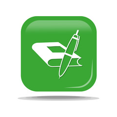 Flat Icon of book with a pen. Isolated on green background. Modern vector illustration for web and mobile.