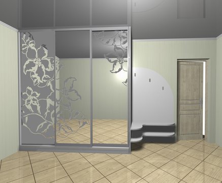 3D illustration design interior design Cabinet with mirrored sliding doors