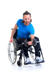 disabled man in wheelchair train with bar-bell