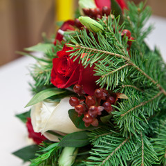 winter bridal bouquet of flowers and fir branches
