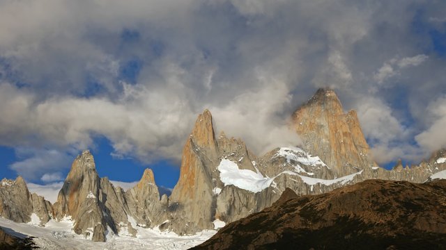 Fitz Roy mountain in sunrise lights. Los Glaciares National Park, Patagonia, Argentina. Time lapse