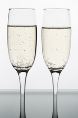 two glasses of champagne on white background