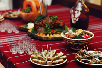 Traditional ukrainian wedding catering table at reception closeu