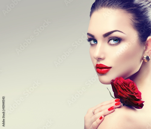 Beauty Fashion Model Woman Face Portrait With Red Rose