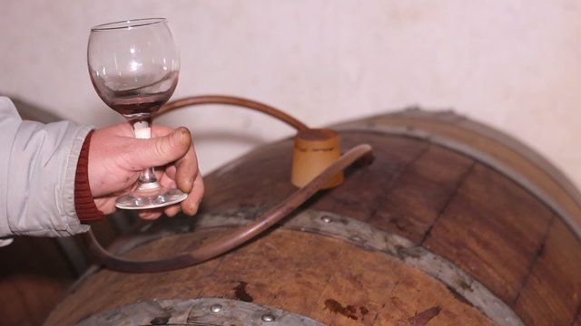 Winemaker with a glass of wine, barrels of wine