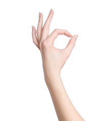 Woman hand in ok sign on a white background