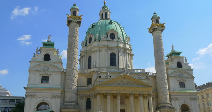 Beautiful baroque Karlskirche Church influenced by oriental architecture built in 1715 in the city of Vienna, Austria.