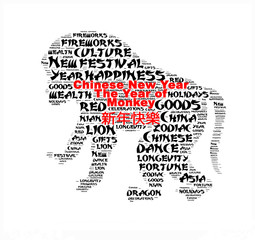 Happy Chinese New Year 2016 word cloud. Year of the Monkey typography background.