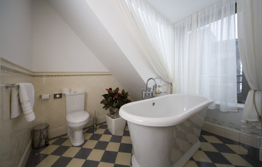 Fototapeta na wymiar Modern wooden interior in private house. Bathroom.