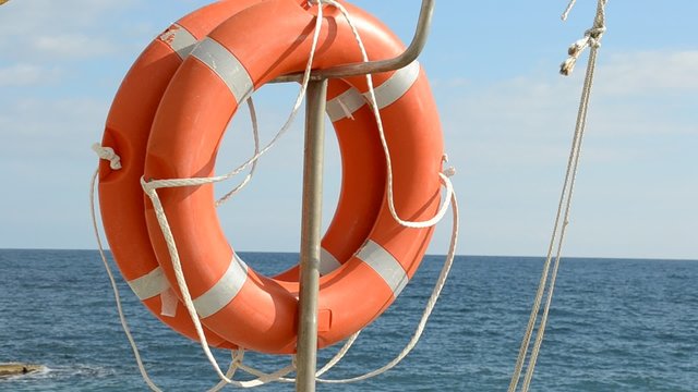 Life ring floating on top of sunny blue water.