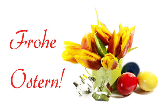 Frohe Ostern! - Osterkarte mit Schrift, Tulpen, Ostereiern, auf weiss, Freisteller, isoliert