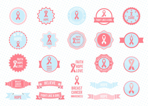 Vector badges collection. Design elements. Breast cancer awareness. 