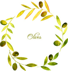 round wreath with watercolor green leaves and olives
