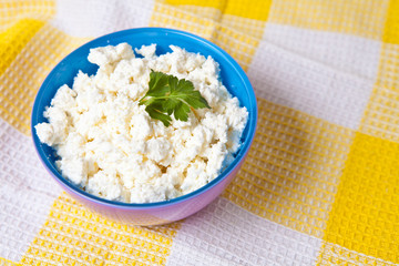 cottage cheese in a bowl with a metal spoon on a checkered yello