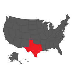 Texas red map on gray USA map vector