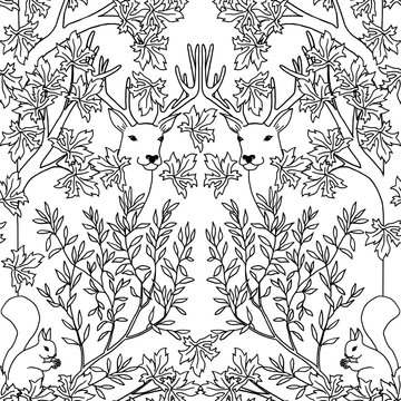 Hand drawn seamless pattern with deer and squirrel, black and white
