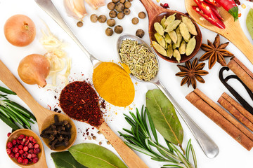 Different spices in spoons on white background.