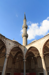 The Blue Mosque Tower and Interior, Istanbul, Turkey.