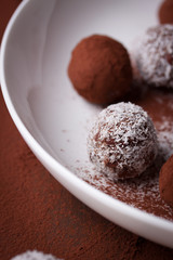Chocolate sweets with cocoa and coconut chips on a white plate, selective focus.