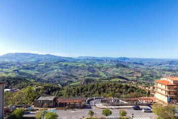 Fototapeta na wymiar San Marino and the Apennine Mountains. Monte Titano is the highest peak.