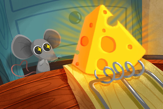 Creative Illustration and Innovative Art: Eat or not? Little Mouse thinks before Cheese on Mouse Trap. Realistic Fantastic Cartoon Style Artwork Scene, Wallpaper, Story Background, Card Design