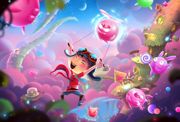Creative Illustration and Innovative Art: A Naughty Kid's Fantastic Happy World and WonderLand! Realistic Fantastic Cartoon Style Artwork Scene, Wallpaper, Story Background, Card Design