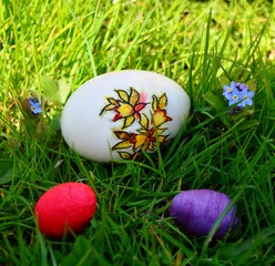 Colorful easter eggs on a green grass 