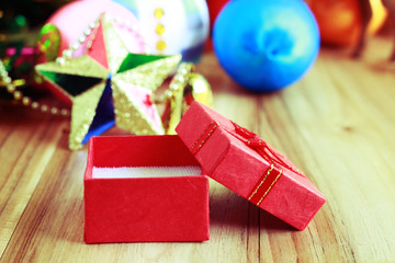 christmas background and ornament, red gift box,effect blur