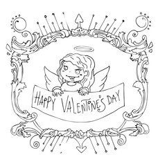 the little angels are decorated with framed outline for coloring isolated on the white background